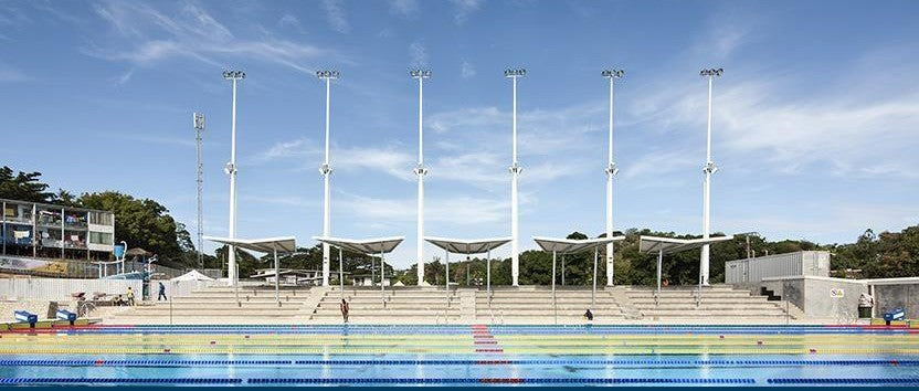 Taurama Aquatic Centre, Port Moresby: the competition pool and shaded spectator stand