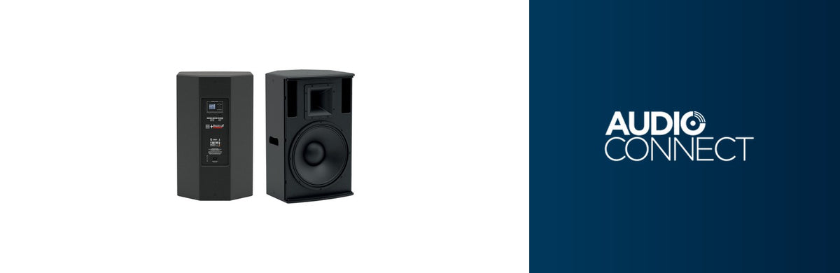 Martin Audio powered 15-inch loudspeaker on a stand