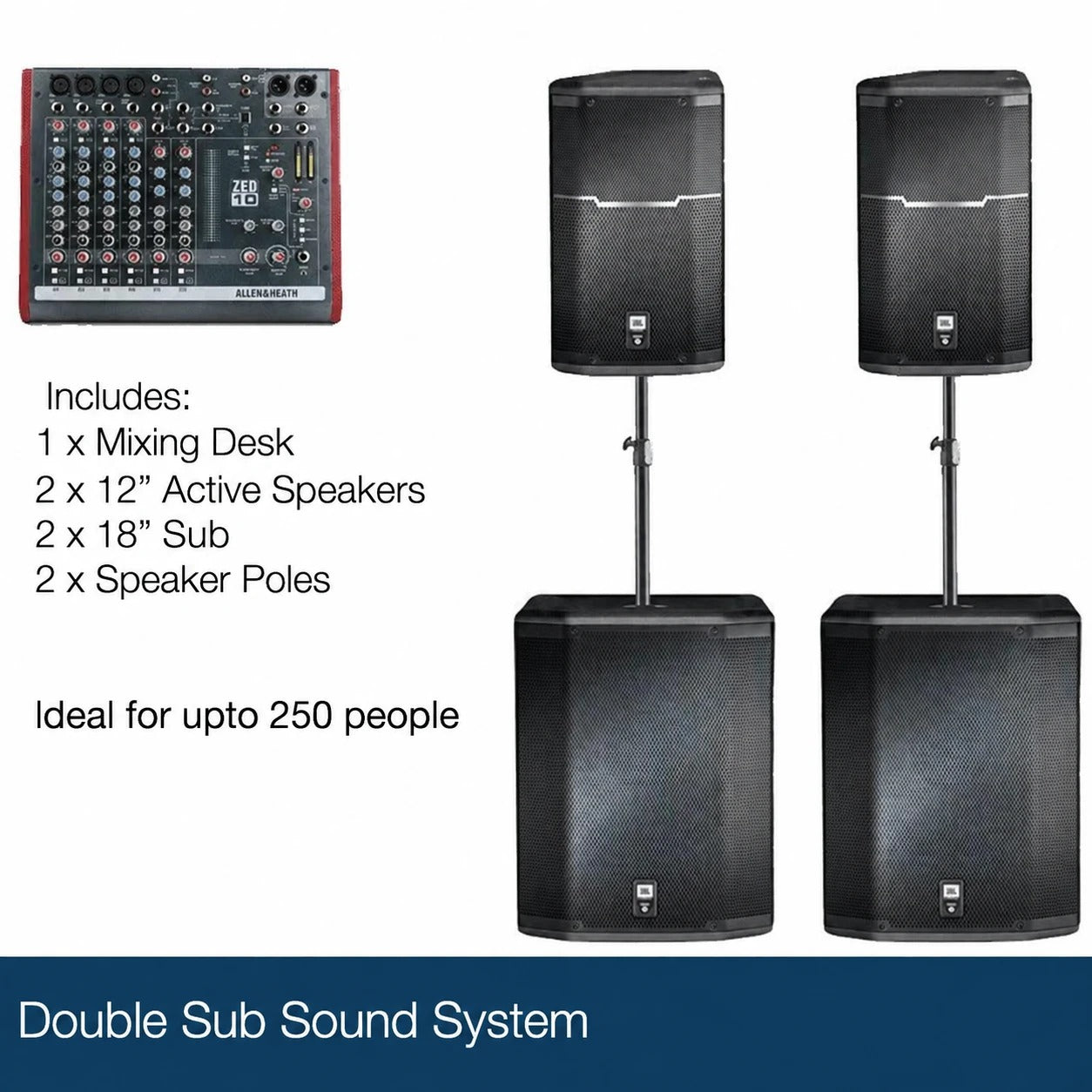 Double Sub Sound System: mixing desk, two 12 inch active speakers, two 18 inch subs and two speaker poles