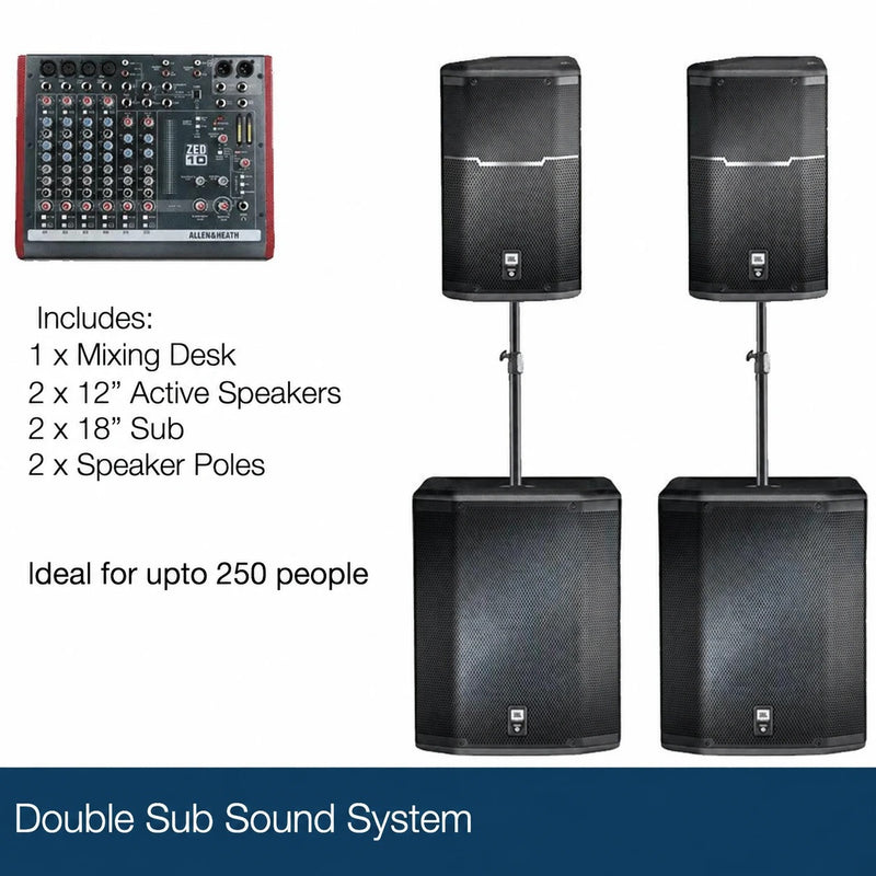 Double Sub Sound System: mixing desk, two 12 inch active speakers, two 18 inch subs and two speaker poles
