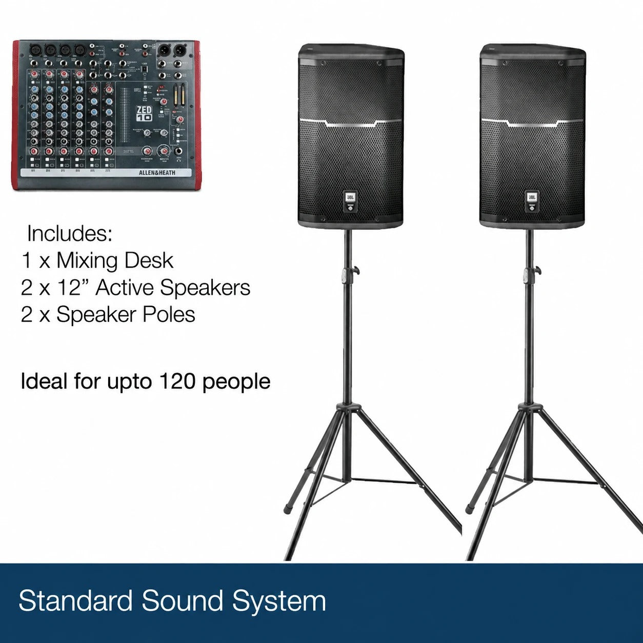 Standard Sound System: mixing desk, two 12 inch active speakers and two speaker poles